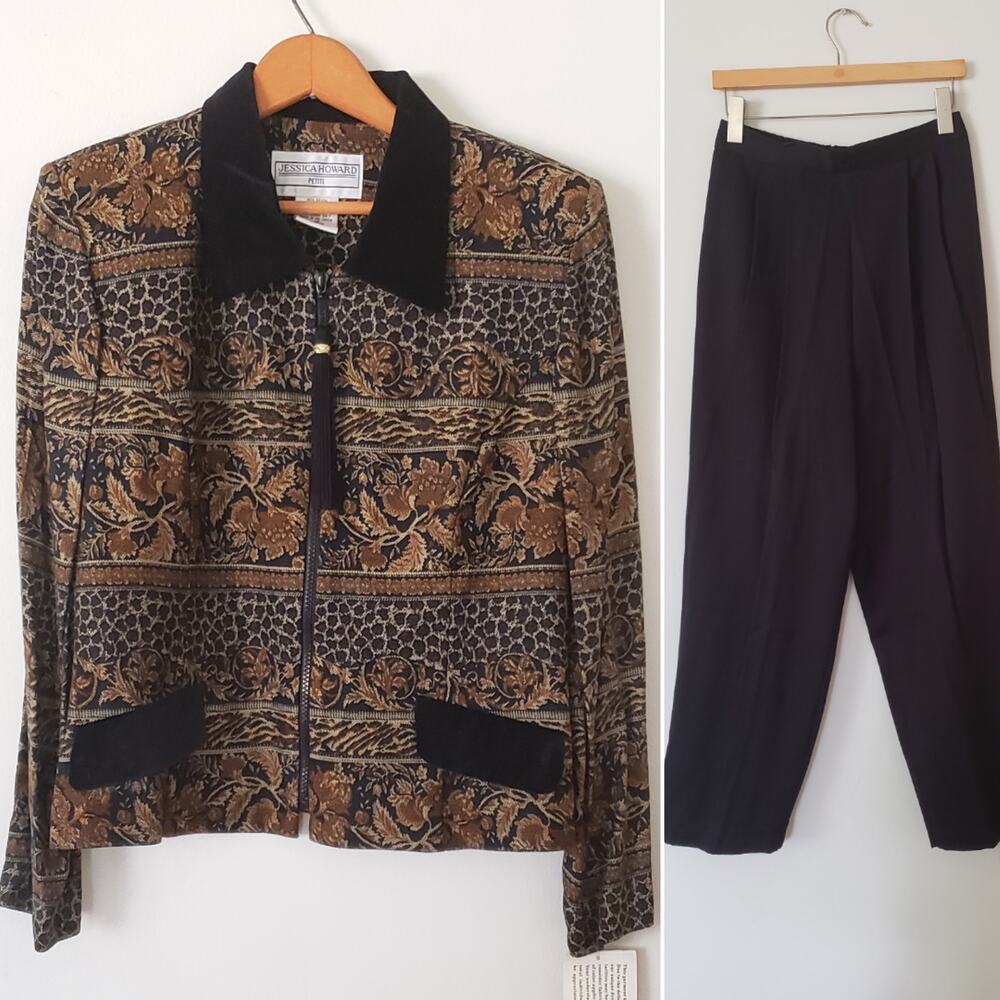 Deadstock Vintage Jessica Howard 2 Piece Pantsuit Autumn Print Tassel Zipper 14P